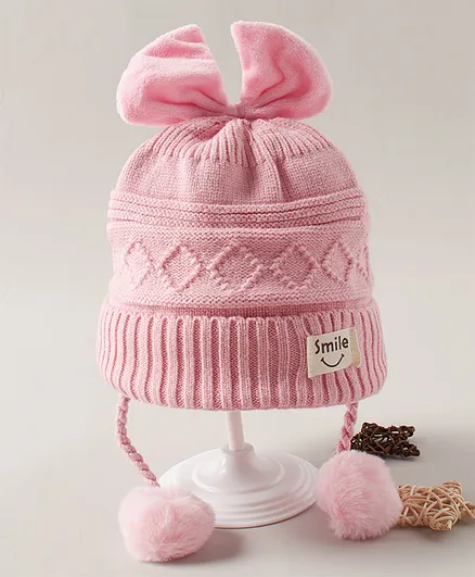 Babyhug Woolen Cap with Bow Motif and Pom Pom Pink - Diameter 11 cm