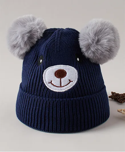 Babyhug Woolen Cap Bear Embroidery Blue - Diameter 14 cm
