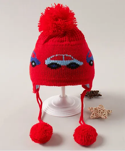 Babyhug Cap with Pom Pom Car Print Red - Diameter 13 cm