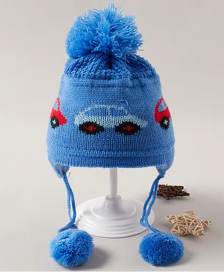 Babyhug Cap with Pom Pom Car Print Blue - Diameter 13 cm