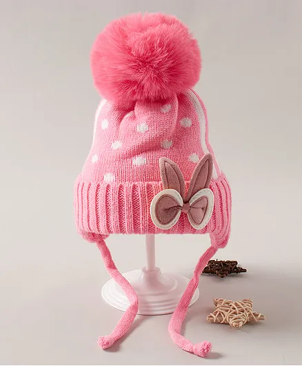 Babyhug Pom Pom Winter Cap Bow Applique Pink - Diameter 13 cm