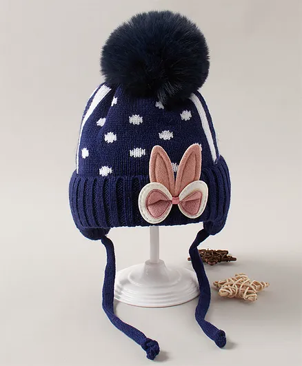 Babyhug Woollen Cap With Pom Pom Blue - Diameter 12 cm