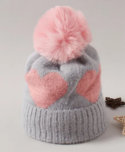 Babyhug Pom Pom Winter Cap Heart Print Grey - Diameter 9.5 cm