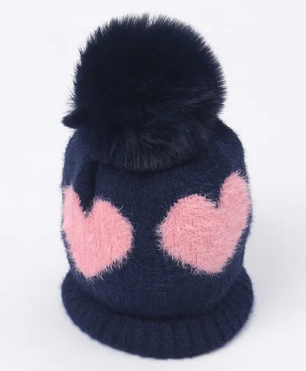 Babyhug Pom Pom Winter Cap Heart Print Blue - Diameter 11 cm