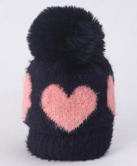 Babyhug Pom Pom Winter Cap Heart Print Blue - Diameter 14 cm