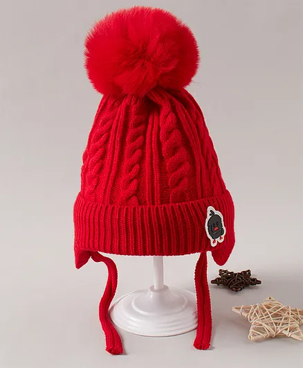 Babyhug Pom Pom Winter Cap Red - Diameter 13 cm