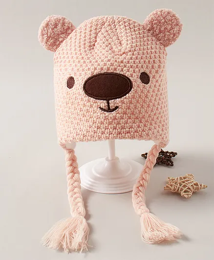 Babyhug Woollen Cap With Braids Pink - Diameter 12.5 cm