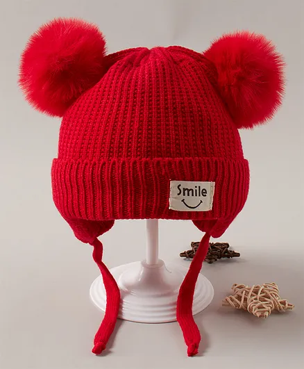 Babyhug Woollen Tie Knot Cap Red - Diameter 11 cm
