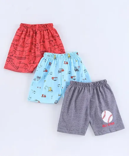 Teddy Printed Shorts Pack of 3 - Red Blue Grey