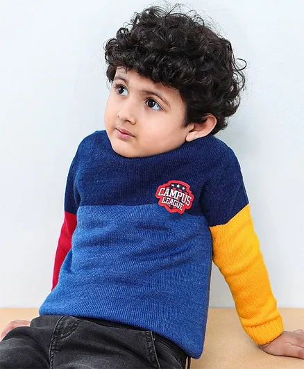Babyhug Full Sleeves Pull Over Sweater Colour Block Print - Blue