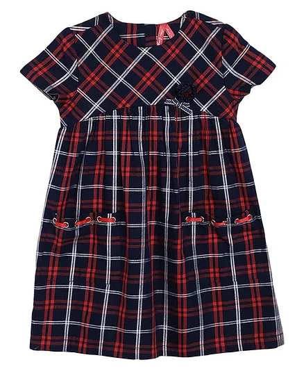 Blue Giraffe Short Sleeves Checked Dress - Navy Blue