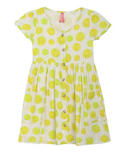 Blue Giraffe Lemon Slice Short Sleeves Printed Dress - White And Yellow