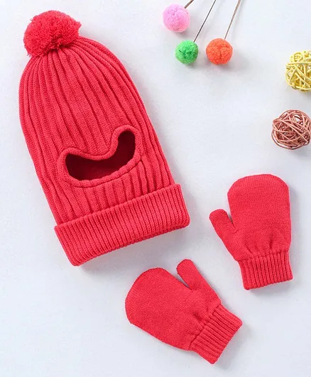 Babyhug Woollen Monkey Cap & Mittens Set Red - Diameter 10.5 cm