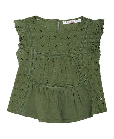 Elle Kids Cap Sleeves Self Embroidery Detailing Top - Green