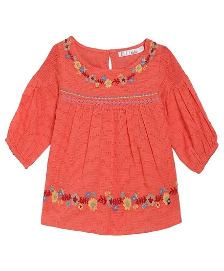 Elle Kids Three Fourth Sleeves Flower Embroidery Detailing Top - Peach