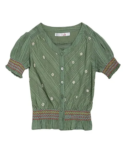 Elle Kids Half Sleeves Flower Embroidery Detailing Top - Green