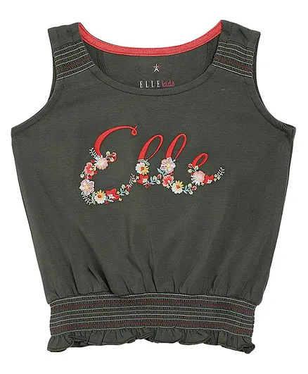 Elle Kids Sleeveless Flower Embroidery Detailing Tee - Green