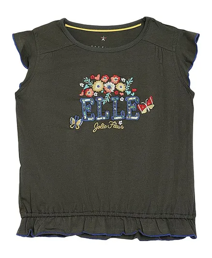 Elle Kids Cap Sleeves Flower Embroidery Detailing Top - Green