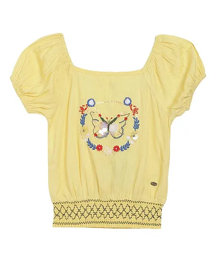 Elle Kids Half Sleeves Butterfly Embroidery Detailing Top - Yellow