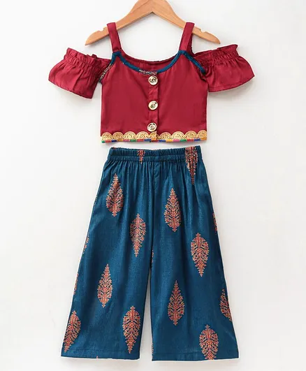 M'andy Half Sleeves Crop Top With Printed Palazzo - Red