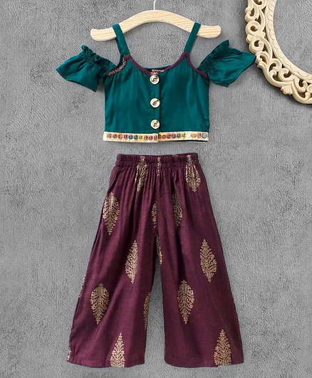 M'andy Half Sleeves Cold Shoulder Crop Top With Motif Print Palazzo Set - Green