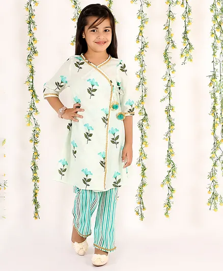 M'andy Three Fourth Sleeves Floral Butti Print Angrakha Kurta With Straight Pants - White & Blue