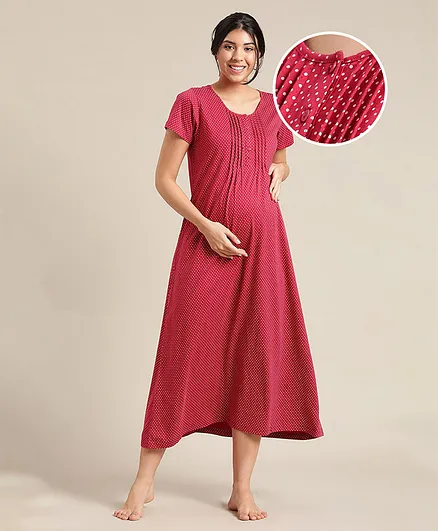 Bella Mama Half Sleeves Polka Dot Print Nighty - Pink