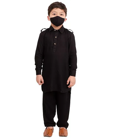 Muffin Shuffin Full Sleeves Solid Pathani Suit - Black