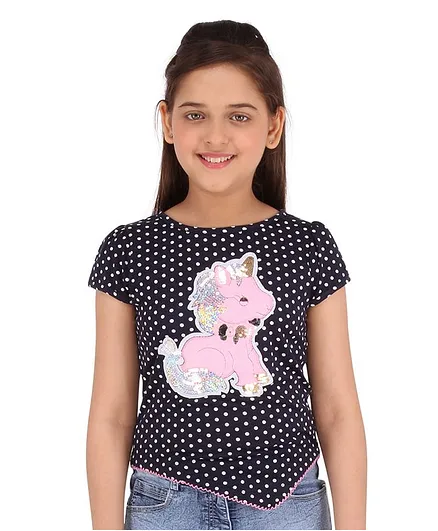 Cutecumber Polka Dotted Unicorn Embellished Short Sleeves Top - Navy Blue