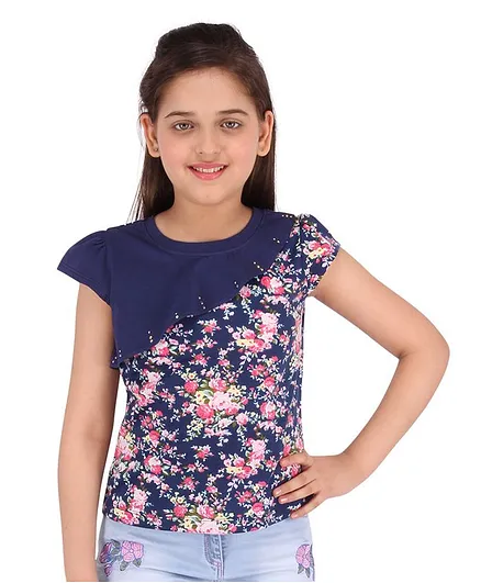 Cutecumber Floral Printed Short Sleeves Top - Navy Blue