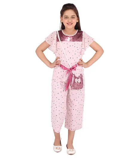 Cutecumber Short Sleeves Sequined Yoke Printed Jumpsuit With Sling Bag - Pink