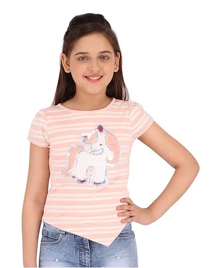 Cutecumber Striped Short Sleeves Unicorn Embellished Top - Peach