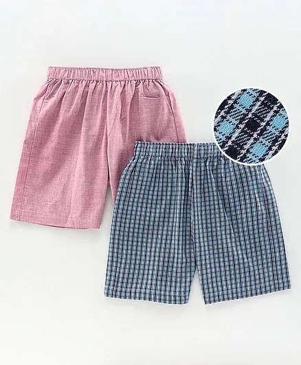 Rikidoos Pack Of 2 Solid & Checked Shorts - Pink Blue