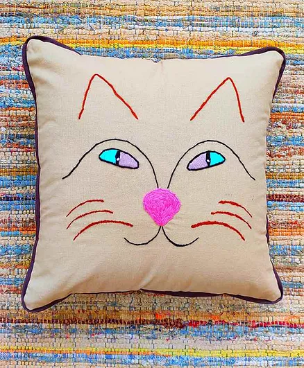 Rockfort Creations Square Cat Embroidered Cushion Cover - Beige