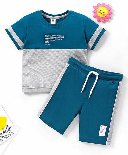 ToffyHouse Half Sleeves Tee and Shorts Set Text Print - Blue
