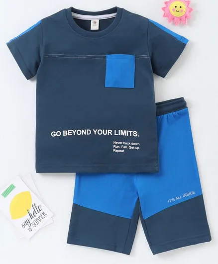 ToffyHouse Half Sleeves Tee and Shorts Set Text Print - Blue
