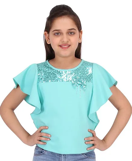 Cutecumber Half Sleeves Sequin Embellished Top - Sea Green