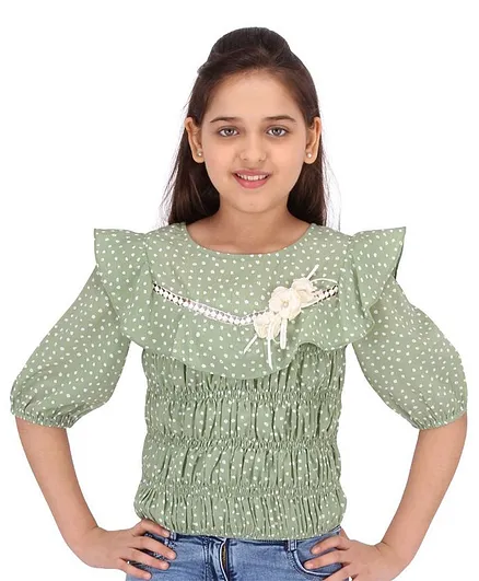 Cutecumber Half Sleeves Polka Dot Print Top - Green