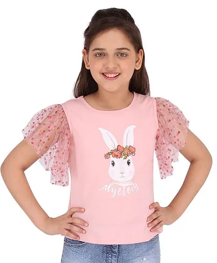 Cutecumber Short Sleeves Bunny Print Top - Peach