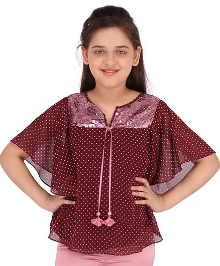 Cutecumber Polka Dotted Short Sleeves Sequined Top - Maroon
