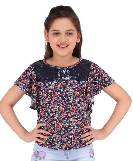 Cutecumber Floral Printed Short Sleeves Top - Navy Blue