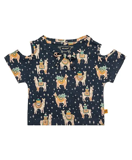 Kid Studio Half Sleeves Cold Shoulder Camel All Over Printed Crop Top - Navy