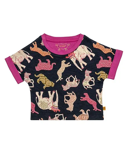 Kid Studio Half Sleeves Animal All Over Printed Crop T-Shirt - Navy