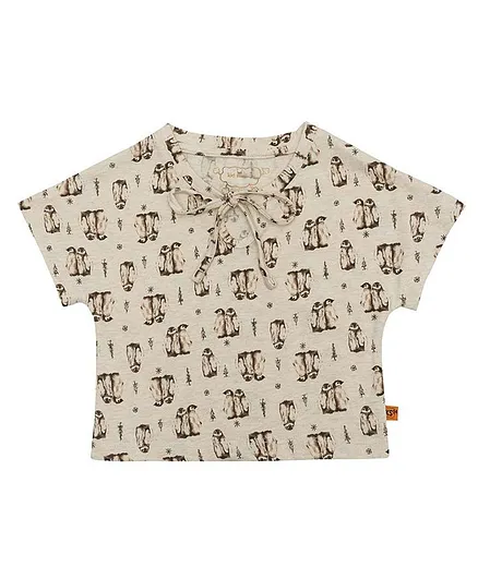 Kid Studio Short Sleeves All Over Penguin Printed Top - Cream