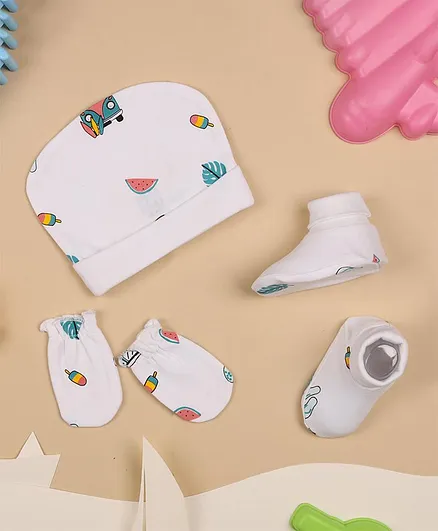 Kicks & Crawl Vehicle Print Mitten Booties & Caps Set - White