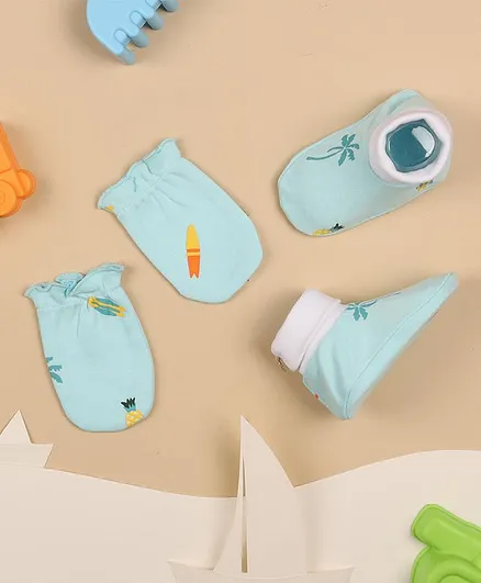 Kicks & Crawl Pineapple Design Mitten & Booties Set - Blue