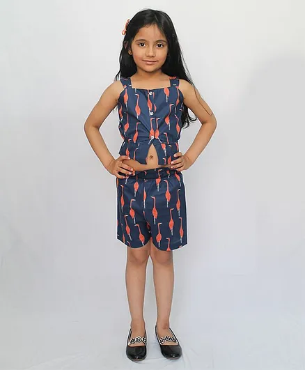 Woonie Swan Printed Sleeveless Front Slit Top With Shorts - Blue