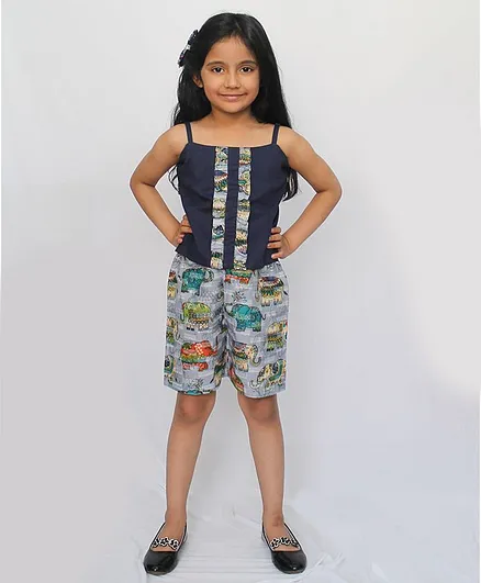 Woonie Sleeveless Frill Detailed Top With Elephant Print Shorts - Blue
