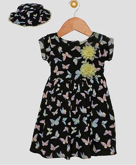 Bella Moda Short Sleeves Butterflies Print Dress With Hat - Black