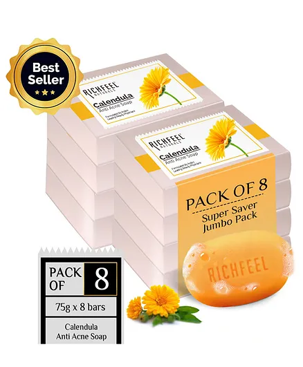 Richfeel Naturals Calendula Anti Acne Soap Pack of 8 - 75 gm Each